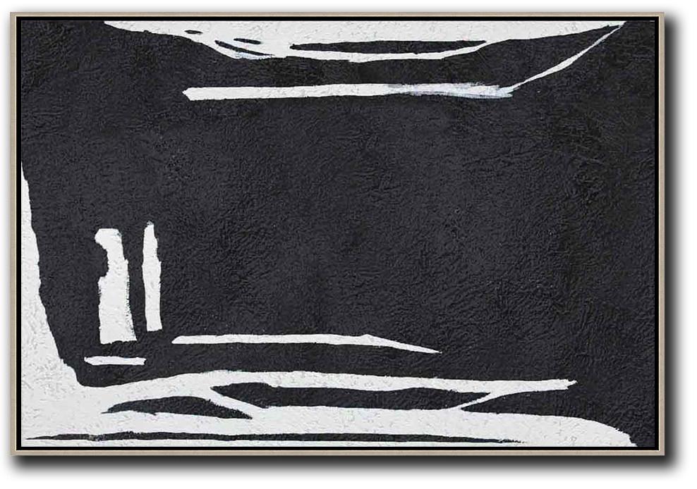 Hand Painted Oversized Horizontal Minimal Art On Canvas, Black And White Minimalist Painting - Large Paintings For Sale Laundry Room Extra Large